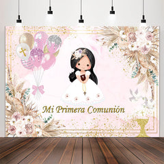 Lofaris Mi Primera Comunion Pink Floral Baptism Backdrop