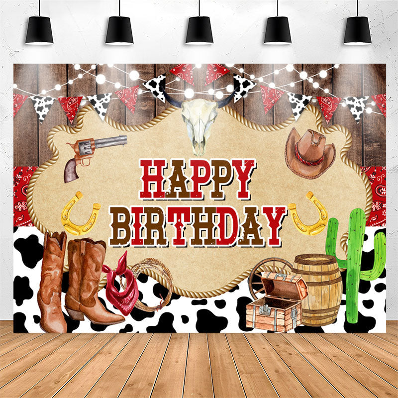 Lofaris Milch Cow Brown Boots Wood Happy Birthday Backdrop