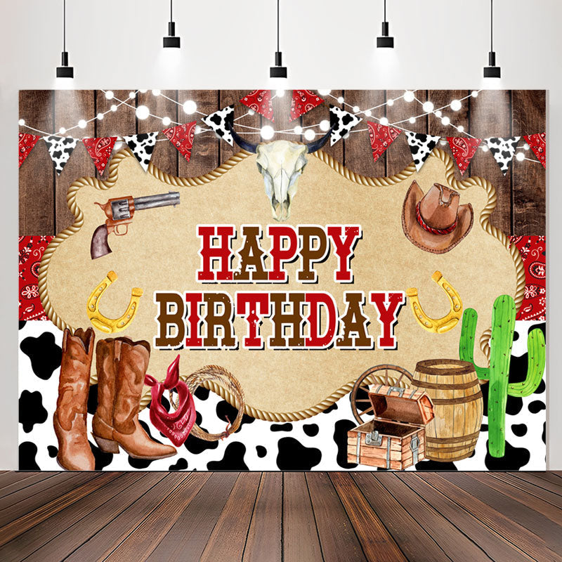 Lofaris Milch Cow Brown Boots Wood Happy Birthday Backdrop