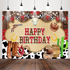 Lofaris Milch Cow Brown Boots Wood Happy Birthday Backdrop
