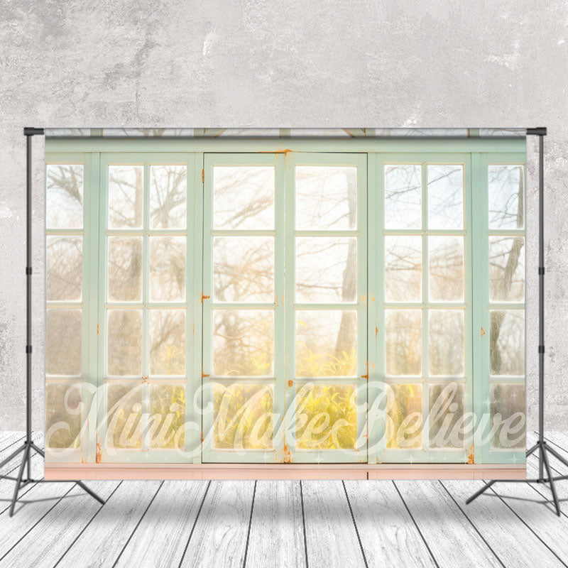 Lofaris Mint Green Wood Window Trees Fall Scene Backdrop