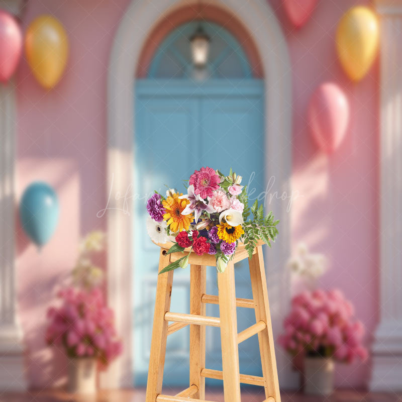 Lofaris Modern Balloon Floral Blue Pink Door Photo Backdrop