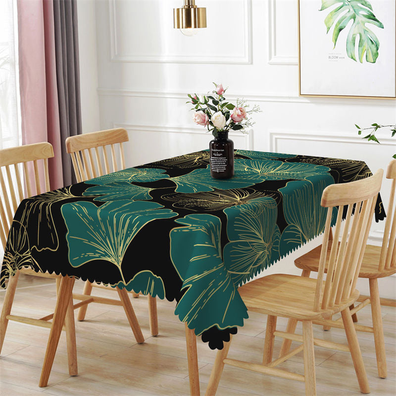 Lofaris Modern Green Black Gingkgo Rectangle Tablecloth