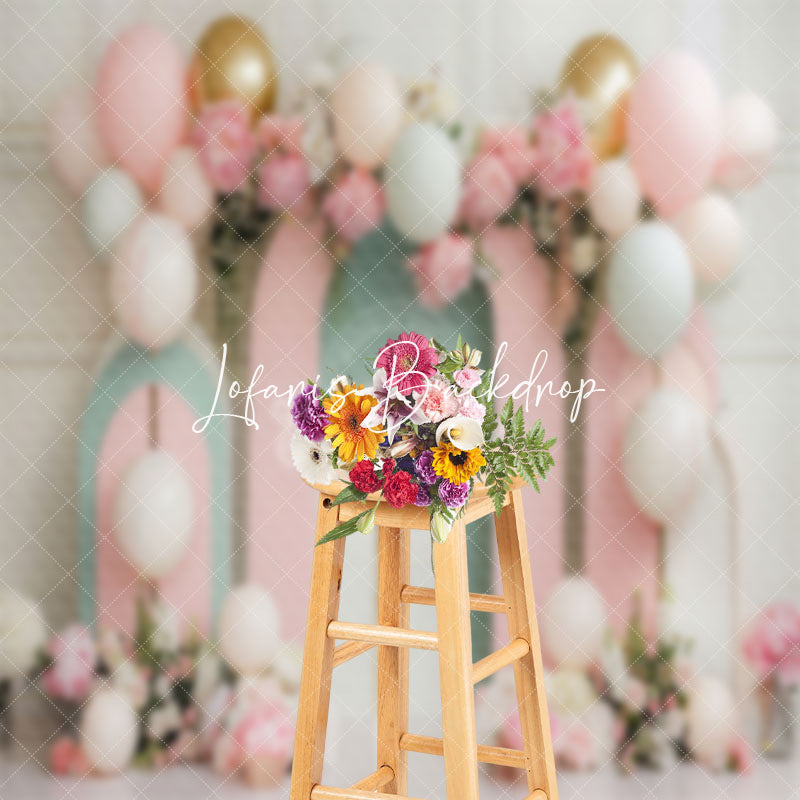 Lofaris Modern Pink Green Arch Balloons Cake Smash Backdrop