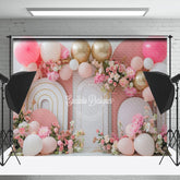 Lofaris Modern White Pink Arch Balloons Cake Smash Backdrop