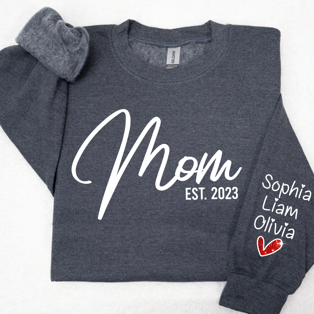 Lofaris Glitter Mom Est Sweatshirt And Kids Name On Sleeve Minimalist Cool Sweater Personalized Mother Day Gift For LTP01