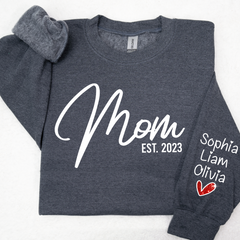 Lofaris Glitter Mom Est Sweatshirt And Kids Name On Sleeve Minimalist Cool Sweater Personalized Mother Day Gift For LTP01