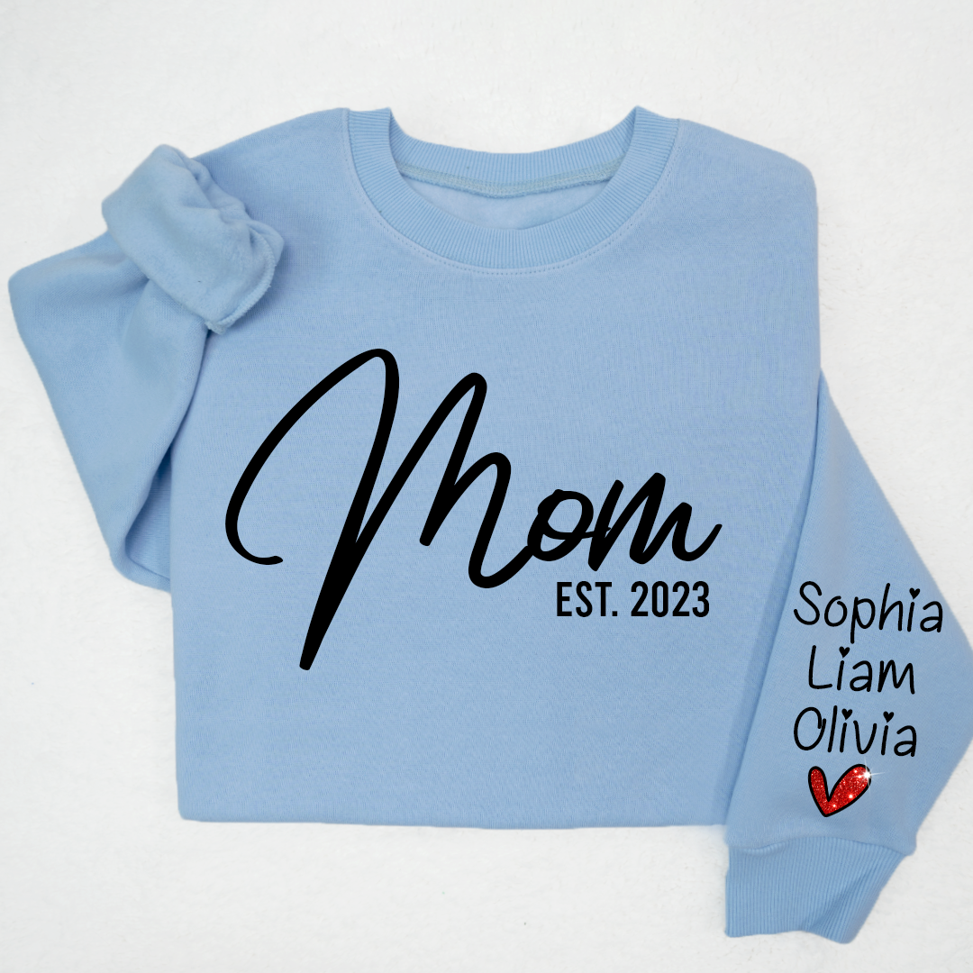 Lofaris Glitter Mom Est Sweatshirt And Kids Name On Sleeve Minimalist Cool Sweater Personalized Mother Day Gift For LTP01