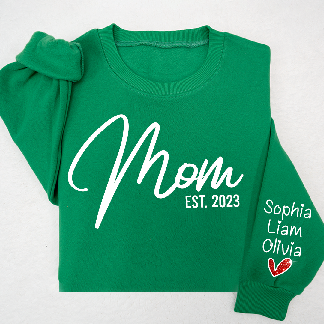 Lofaris Glitter Mom Est Sweatshirt And Kids Name On Sleeve Minimalist Cool Sweater Personalized Mother Day Gift For LTP01