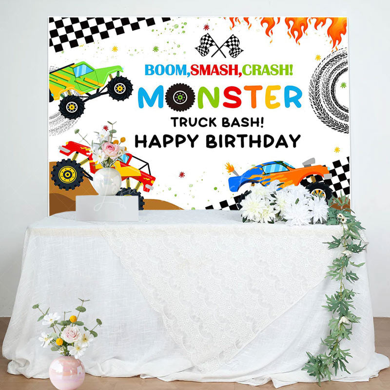 Lofaris Monster Colorful Trucks Birthday Backdrop For Boys