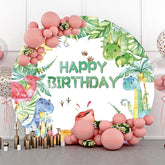 Lofaris Monstera Colorful Dinosaurs Round Birthday Backdrop