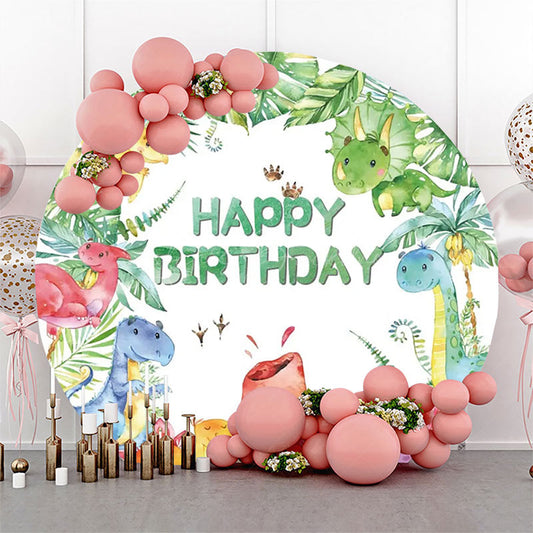 Lofaris Monstera Colorful Dinosaurs Round Birthday Backdrop