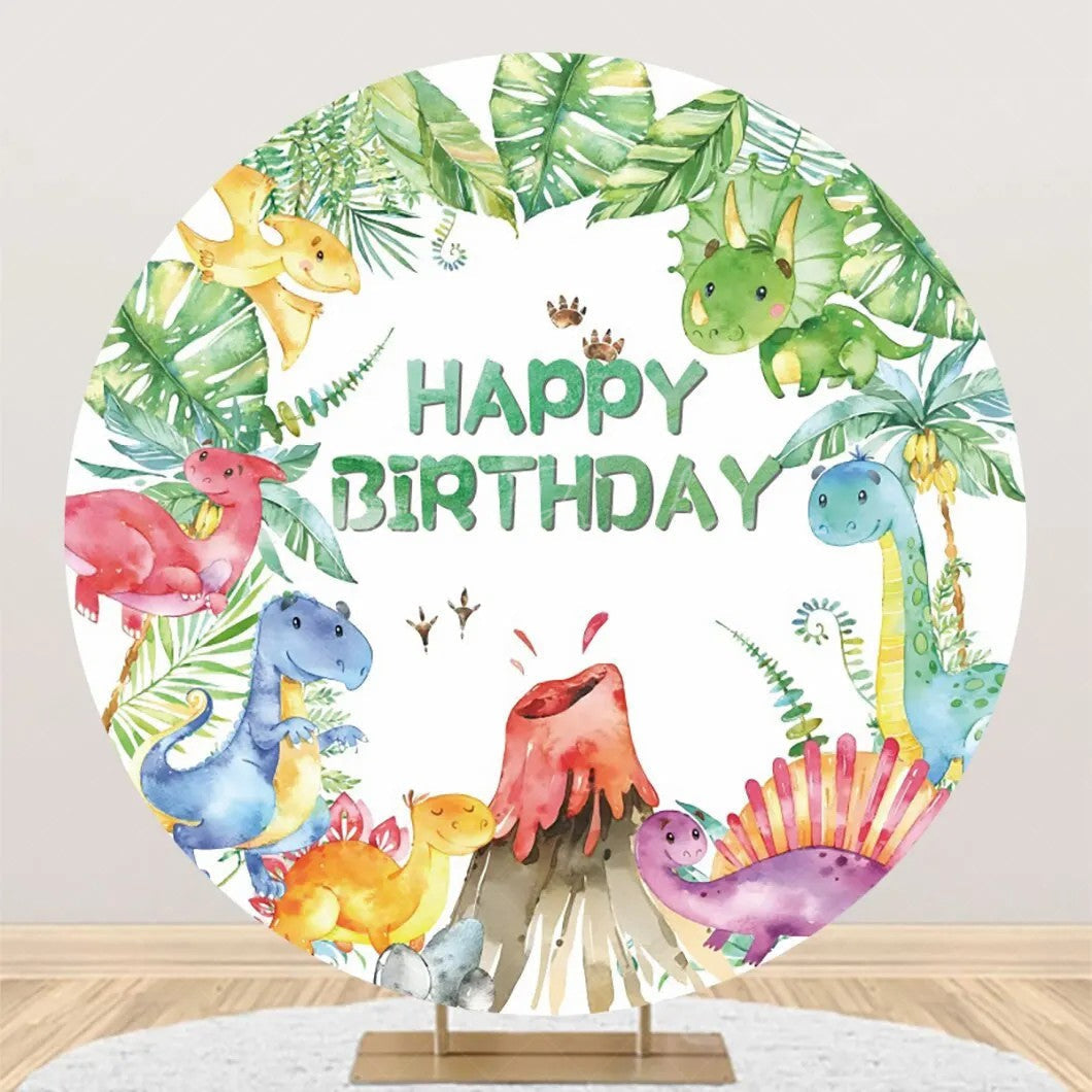 Lofaris Monstera Colorful Dinosaurs Round Birthday Backdrop