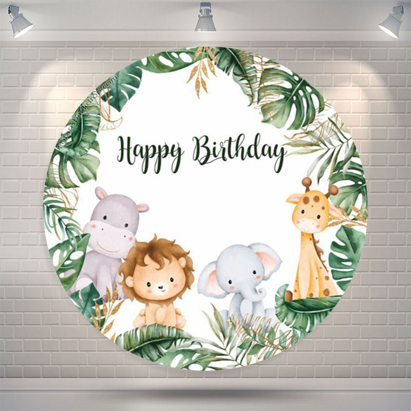Lofaris Monstera Forest Animals Safari Round Birthday Backdrop