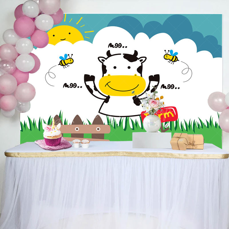 Lofaris Moo Cow Bees Lence Grass Sun Farm Birthday Backdrop