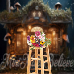 Lofaris Mushroom Magic Cabin Warm Light Night Photo Backdrop
