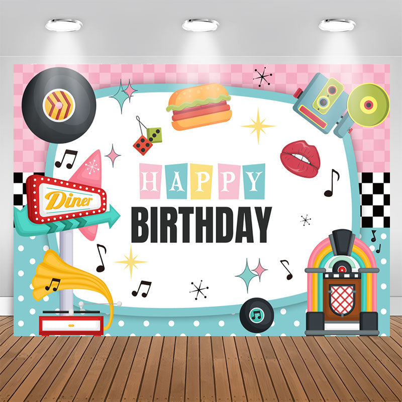 Lofaris Music Pink Blue White Vivid Happy Birthday Backdrop