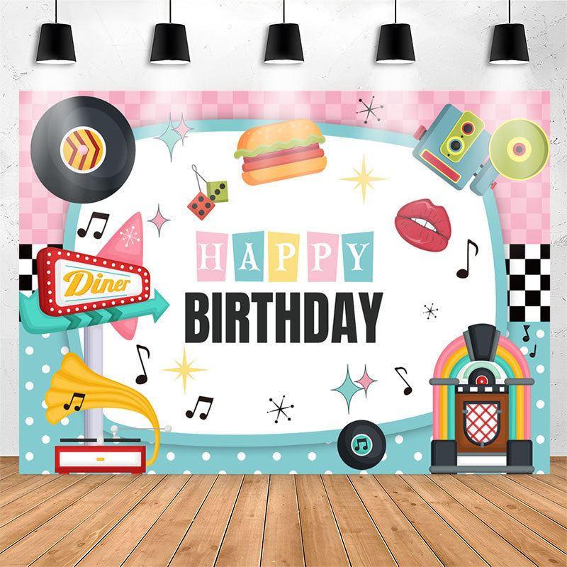 Lofaris Music Pink Blue White Vivid Happy Birthday Backdrop