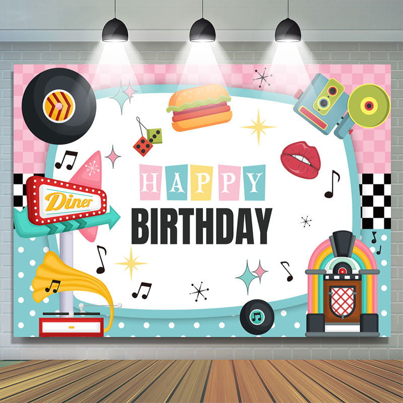 Lofaris Music Pink Blue White Vivid Happy Birthday Backdrop