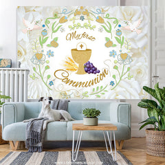 Lofaris My First Communion Doves White Floral Baptism Backdrop