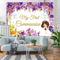 Lofaris My First Communion Purple Floral Girl Baptism Backdrop