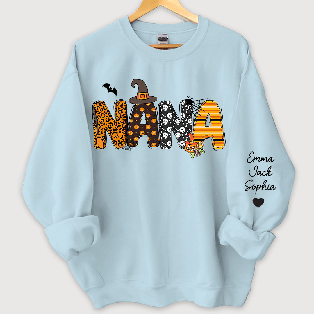 Lofaris Personalized Halloween Nana Pumpkin Doodle Letters Design And Grandkids Sweatshirt
