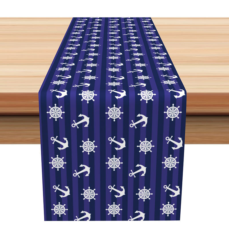 Lofaris Navy Blue White Rudder Anchor Coastal Table Runner