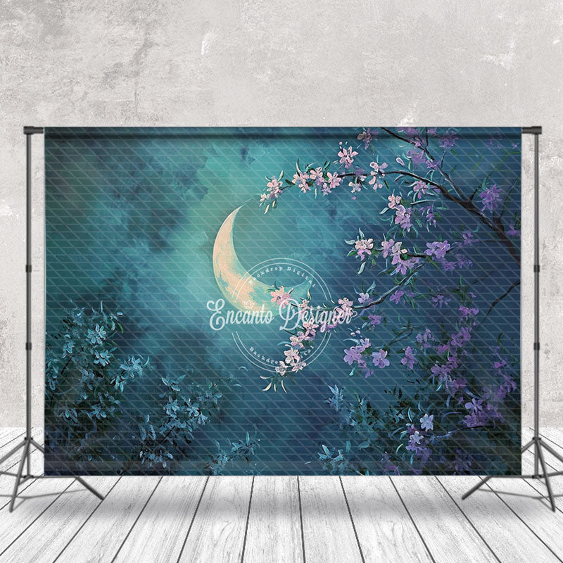 Lofaris Night Cloud Moon Leaves Lilac Floral Photo Backdrop