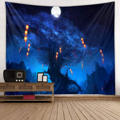 Lofaris Night Moon Blue Light Lantern Tree Mountain Tapestry