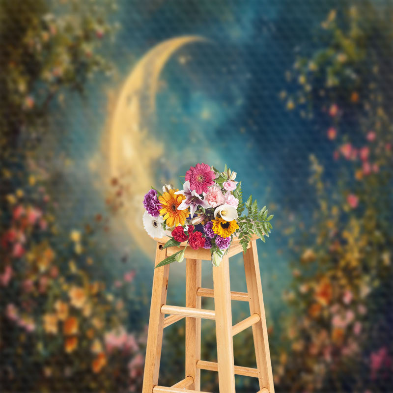 Lofaris Night Moon Colorful Flower Leaves Photography Backdrop