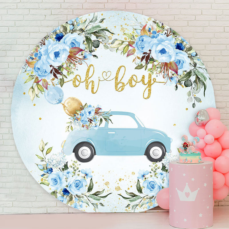 Lofaris Oh Boy Floral Car Blue Round Baby Shower Backdrop