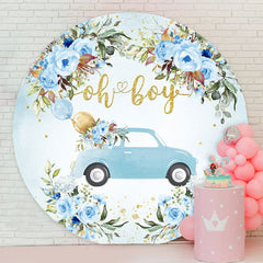 Lofaris Oh Boy Floral Car Blue Round Baby Shower Backdrop