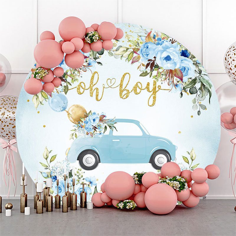 Lofaris Oh Boy Floral Car Blue Round Baby Shower Backdrop