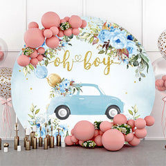 Lofaris Oh Boy Floral Car Blue Round Baby Shower Backdrop
