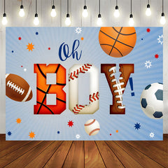 Lofaris Oh Boy Sports Balls Blue Stripe Baby Shower Backdrop