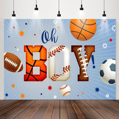 Lofaris Oh Boy Sports Balls Blue Stripe Baby Shower Backdrop
