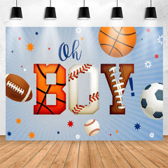 Lofaris Oh Boy Sports Balls Blue Stripe Baby Shower Backdrop