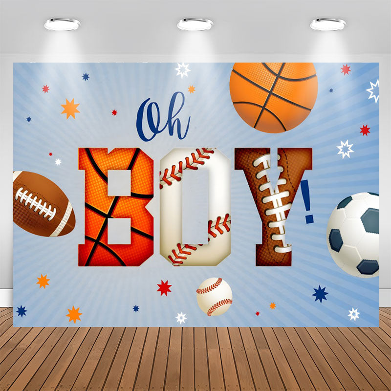 Lofaris Oh Boy Sports Balls Blue Stripe Baby Shower Backdrop