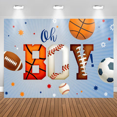 Lofaris Oh Boy Sports Balls Blue Stripe Baby Shower Backdrop