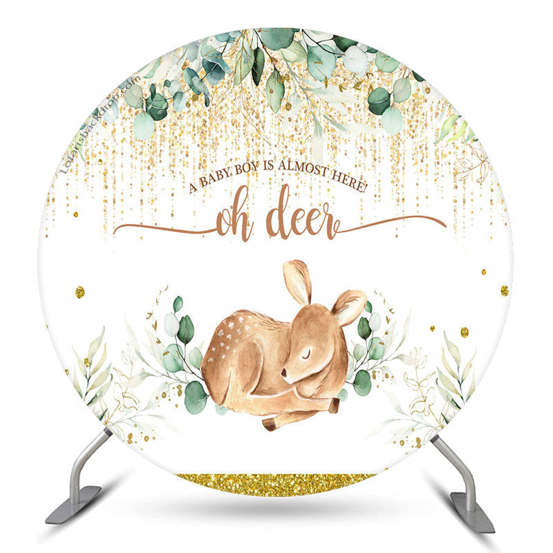 Lofaris Oh Deer Leaves Glitter Baby Shower Round Backdrop