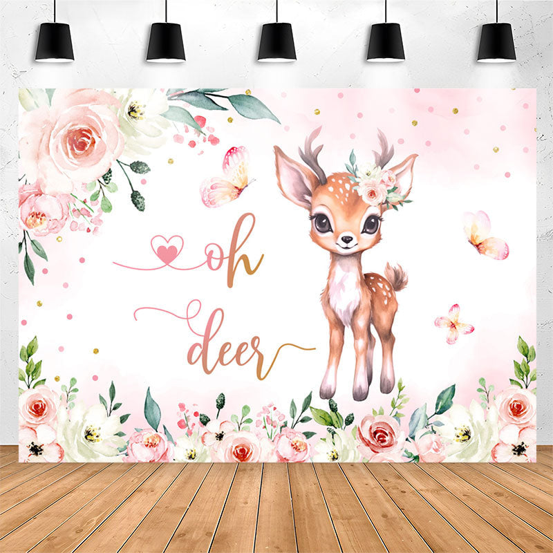 Lofaris Oh Deer Pink Floral Butterfly Baby Shower Backdrop