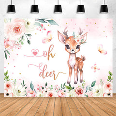 Lofaris Oh Deer Pink Floral Butterfly Baby Shower Backdrop