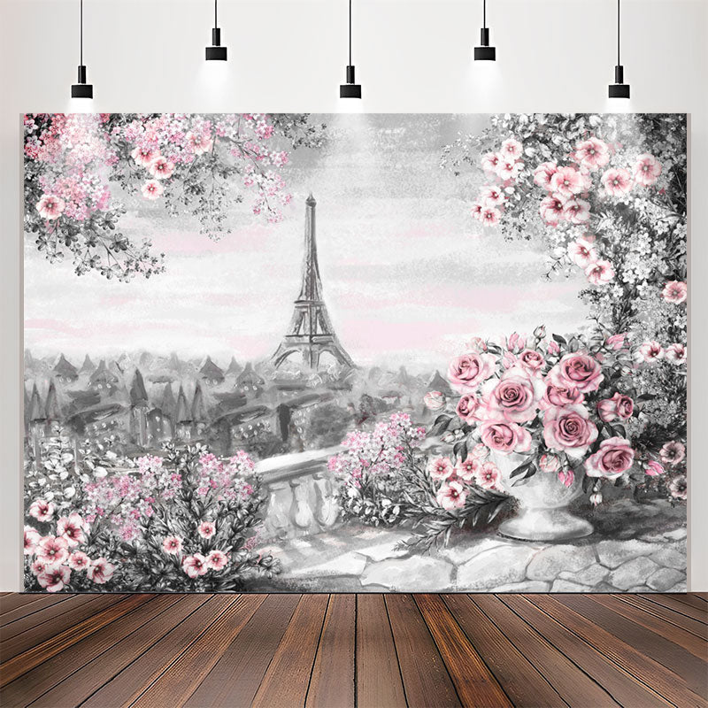 Lofaris Oil Painting Eiffel Tower Pink Floral Rose Backdrop