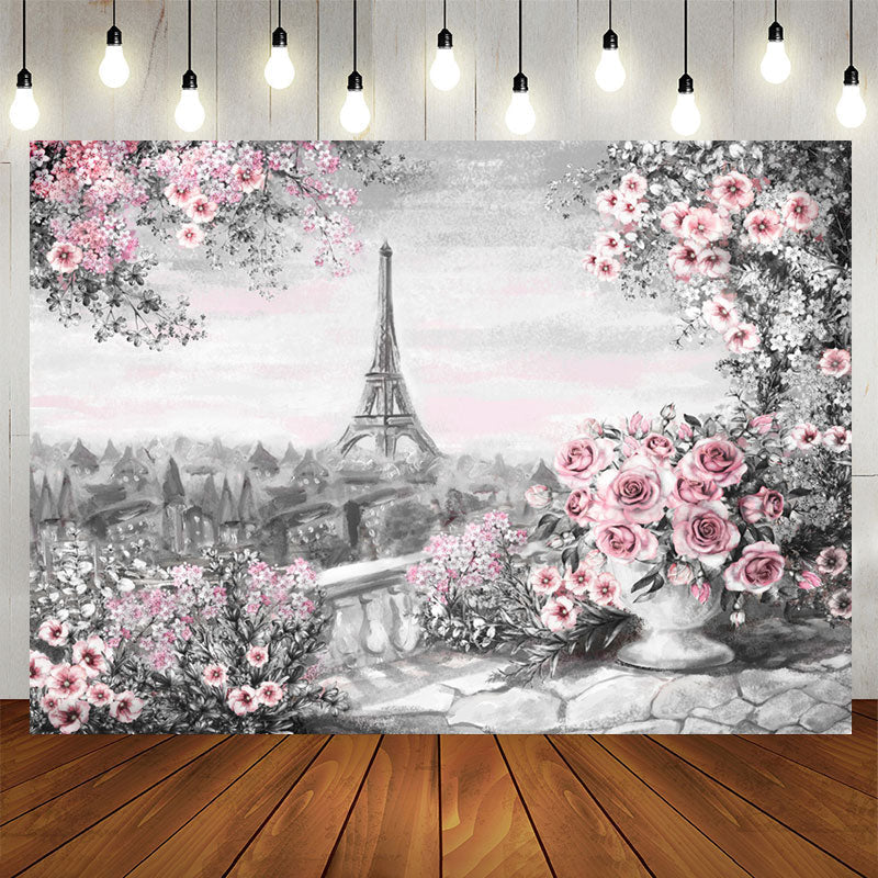 Lofaris Oil Painting Eiffel Tower Pink Floral Rose Backdrop