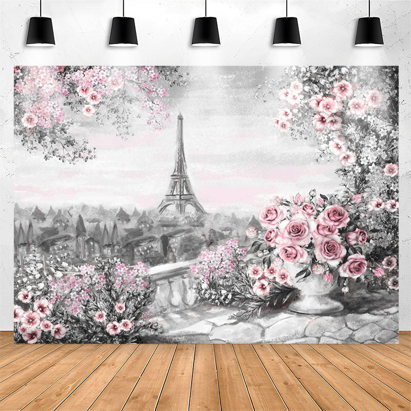 Lofaris Oil Painting Eiffel Tower Pink Floral Rose Backdrop