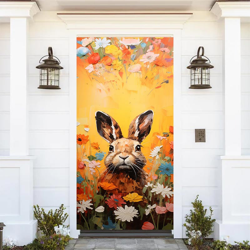 Lofaris Oil Painting Flower Rabbit Orange Easter Door Cover