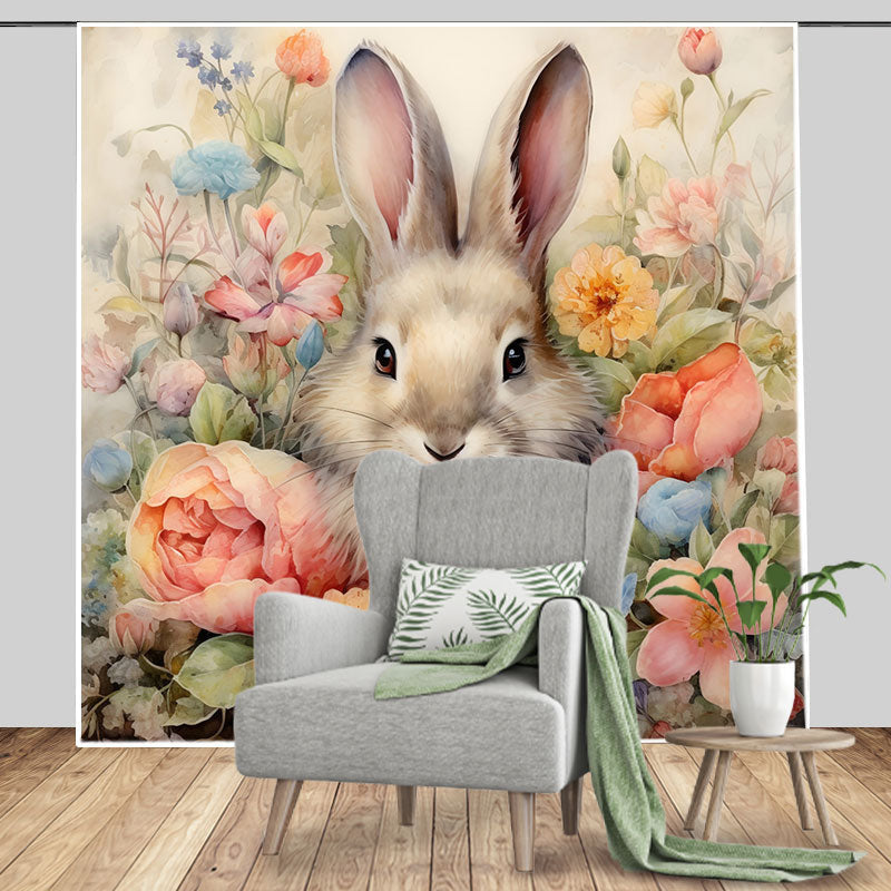 Lofaris Oil Painting Style Bunny Floral Birthday Backdrop