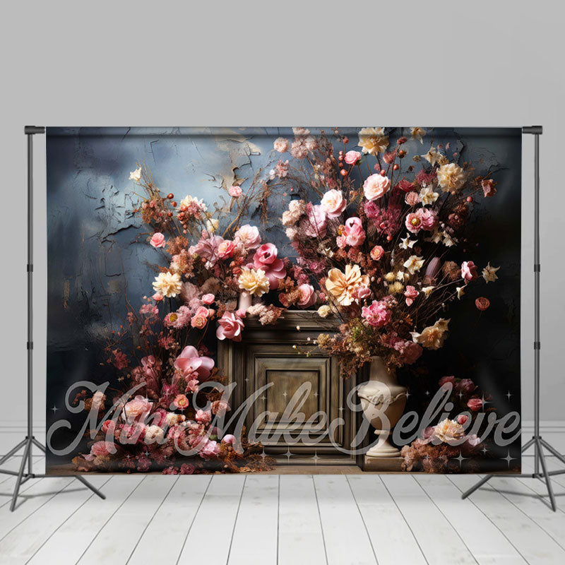 Lofaris Old Masters Blue Wall Pink Flowers Fine Art Backdrop