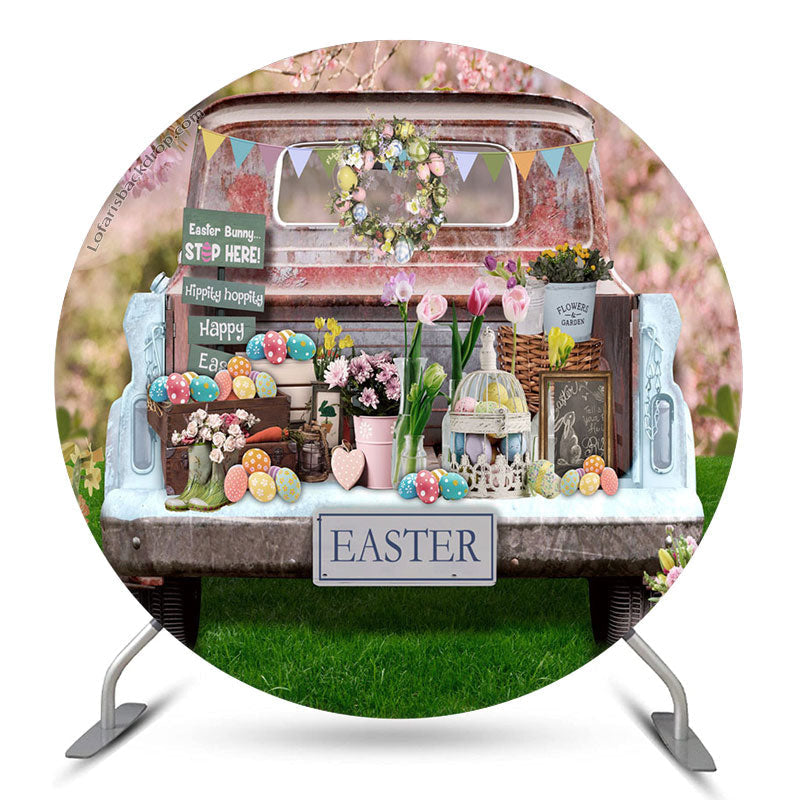 Lofaris Old Truck Floral Colorful Eggs Round Easter Backdrop