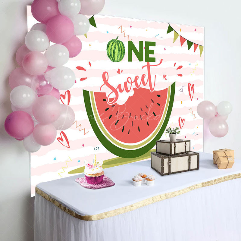 Lofaris One Sweet Melon White Pink Stripe Birthday Backdrop